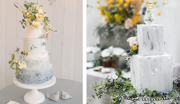 Pasteles de boda en la moderna dupla amarillo y gris