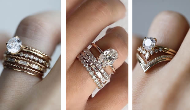 Sigue la tendencia de los anillos apilables ¡con tu anillo de compromiso y argolla nupcial!
