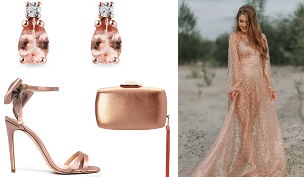Ideas en color oro rosa para incluir en el outfit de la novia