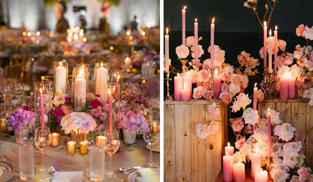 Modernas ideas para usar velas de colores en las mesas de tu recepción de bodas