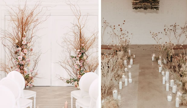 Las ramas secas son el elemento perfecto para complementar tu decoración de bodas en una celebración de otoño