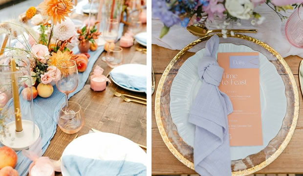 Ideas para una decoración de bodas con una paleta cromática de naranja y azul bebé