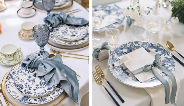 Platos y servilletas con estampaciones, tendencia en decoración de mesas para bodas 2025 que sorprenderá a todos