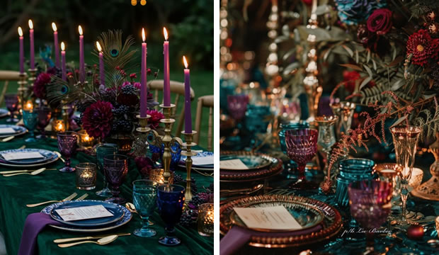 Los tonos joya te ayudarán a lograr una asombrosa decoración de mesas en tu recepción de bodas de invierno